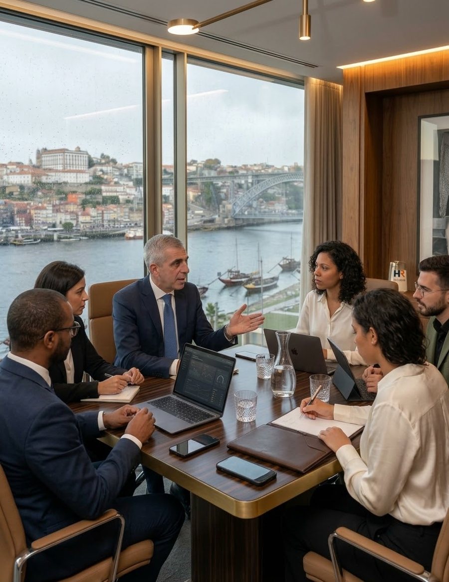 Reunião de trabalho na HR Solutions, com vista sobre o rio Douro e o Porto